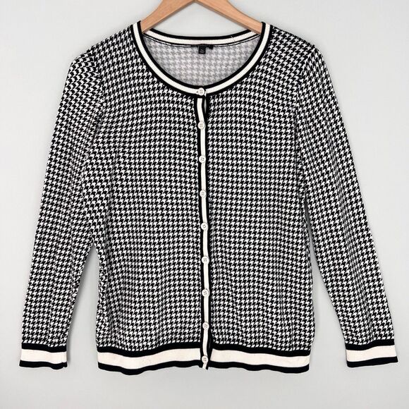 Talbots Size XP Button Up Cardigan Sweater Black White Houndstooth Stretch - Picture 1 of 5